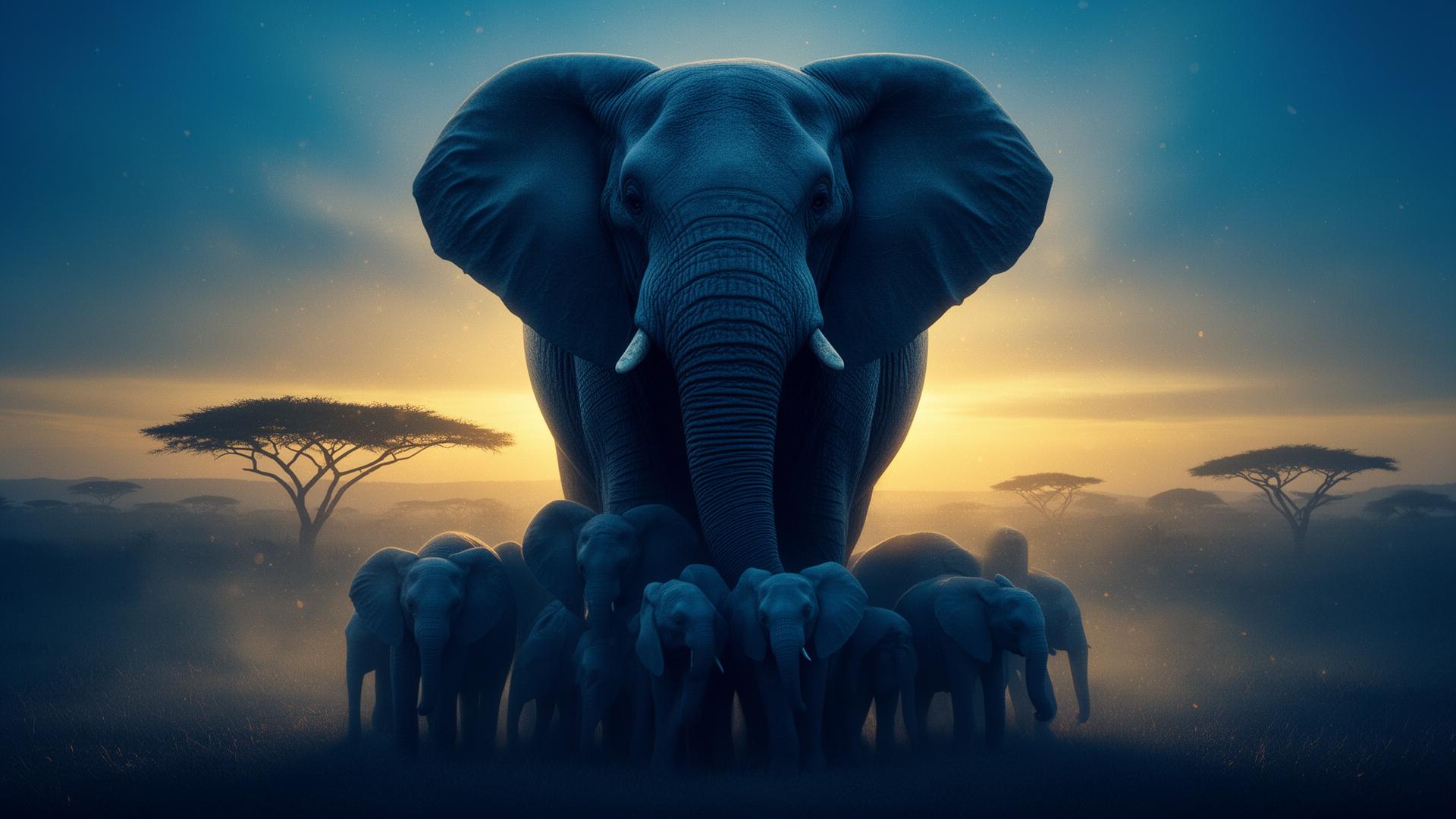 Matriarch elephant sheltering her herd at dusk on the African savanna